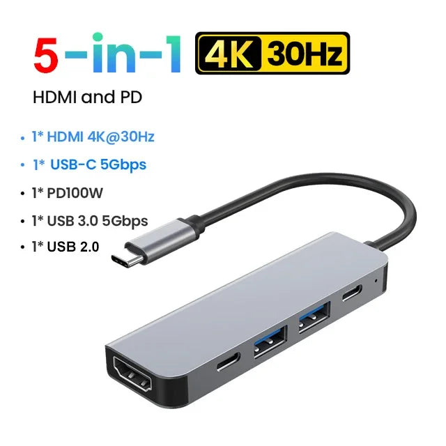 Hub USB-C 5 en 1 con HDMI 4K y Carga PD 100W