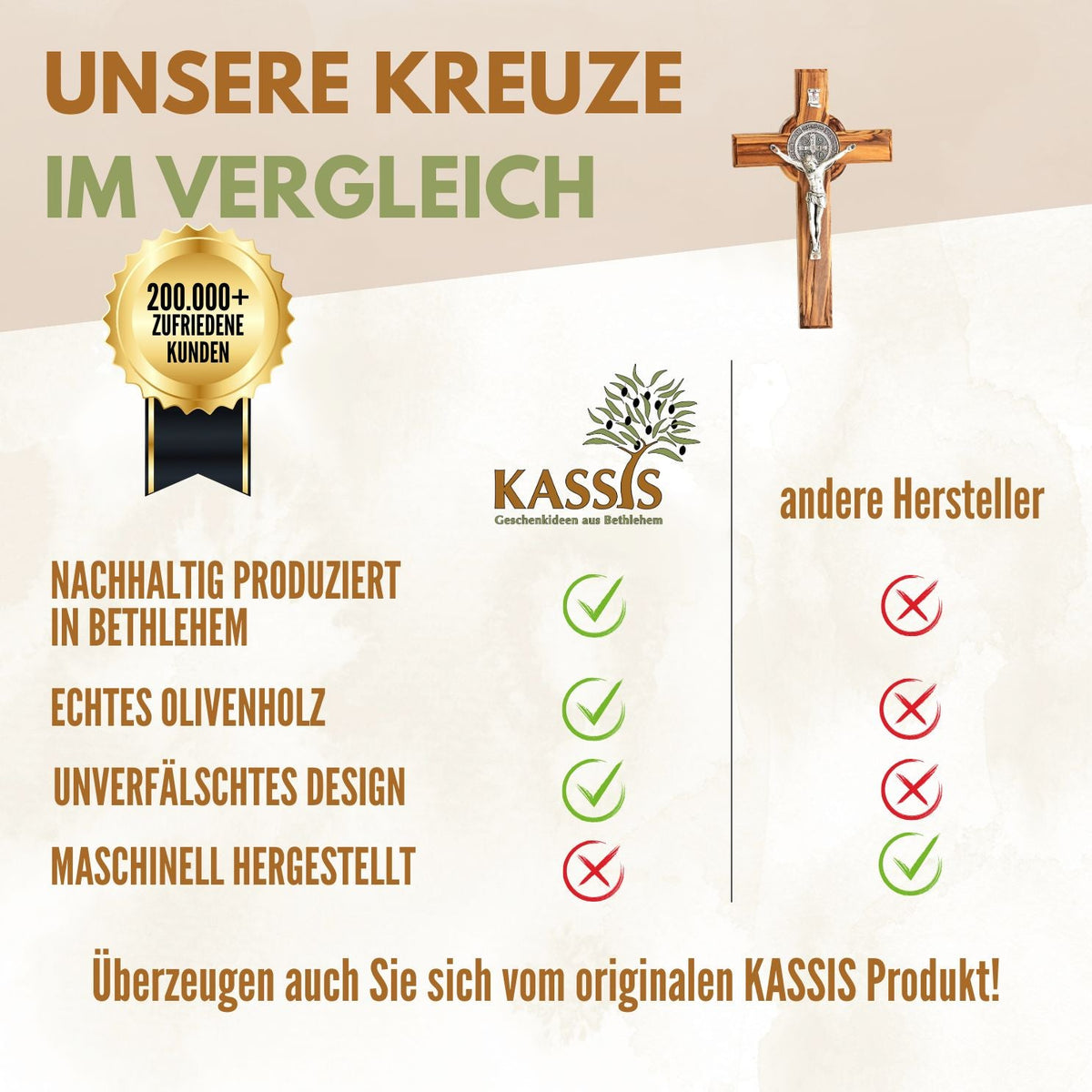 St. Benedikt Kreuz aus Olivenholz | Schutzkreuz als Wandkreuz & Geschenk zur Taufe, Kommunion oder Firmung
